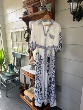 Maeve Irene Linen Shirt Dress Anthropologie White Navy Floral Button-Front Maxi
